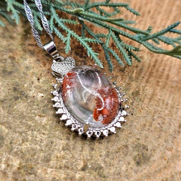 Nature Red Phantom Garden Oval Quartz Big Pendant Necklace - Picture 3 of 9